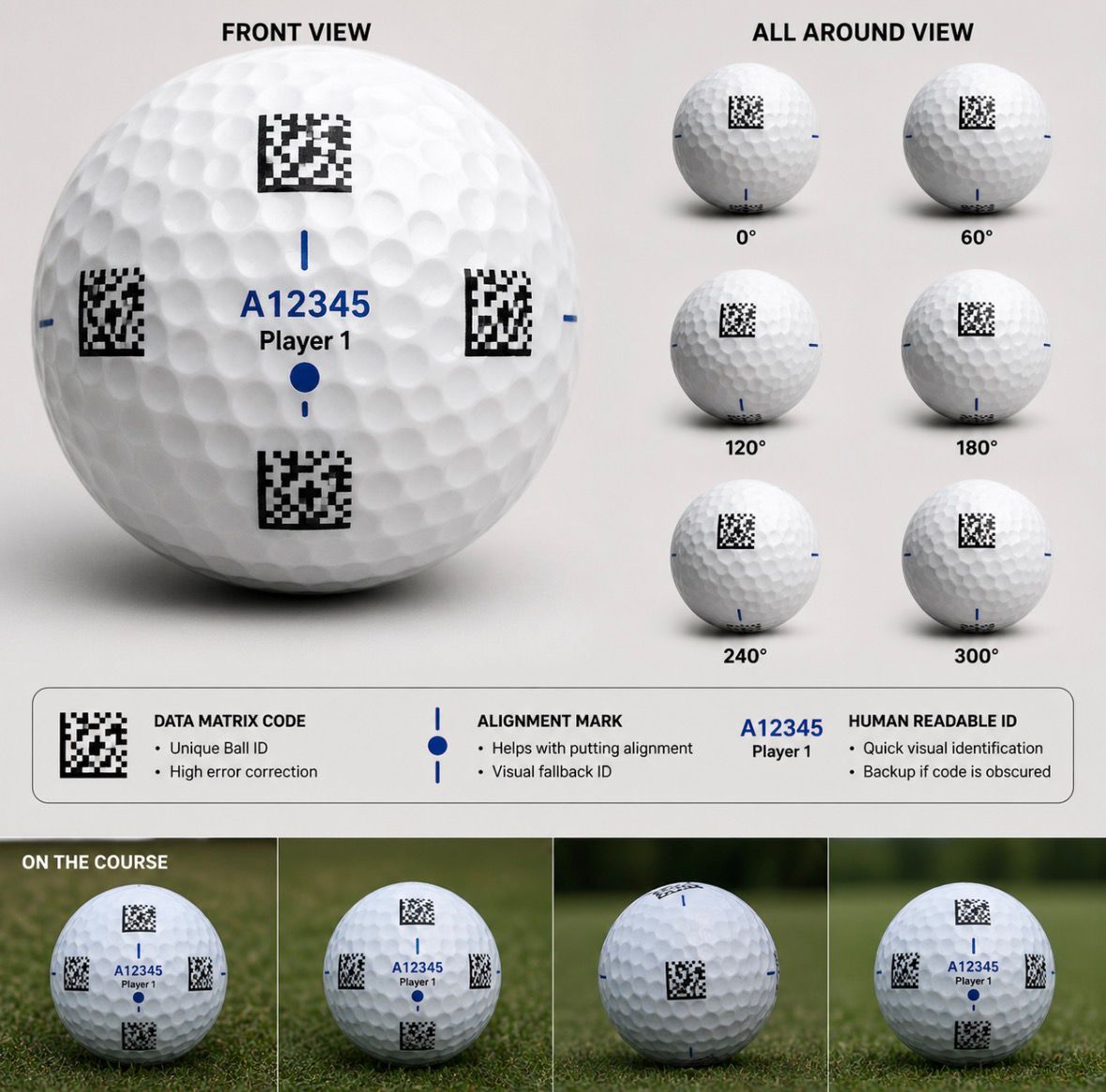 Golf ball QR/Data Matrix placement reference
